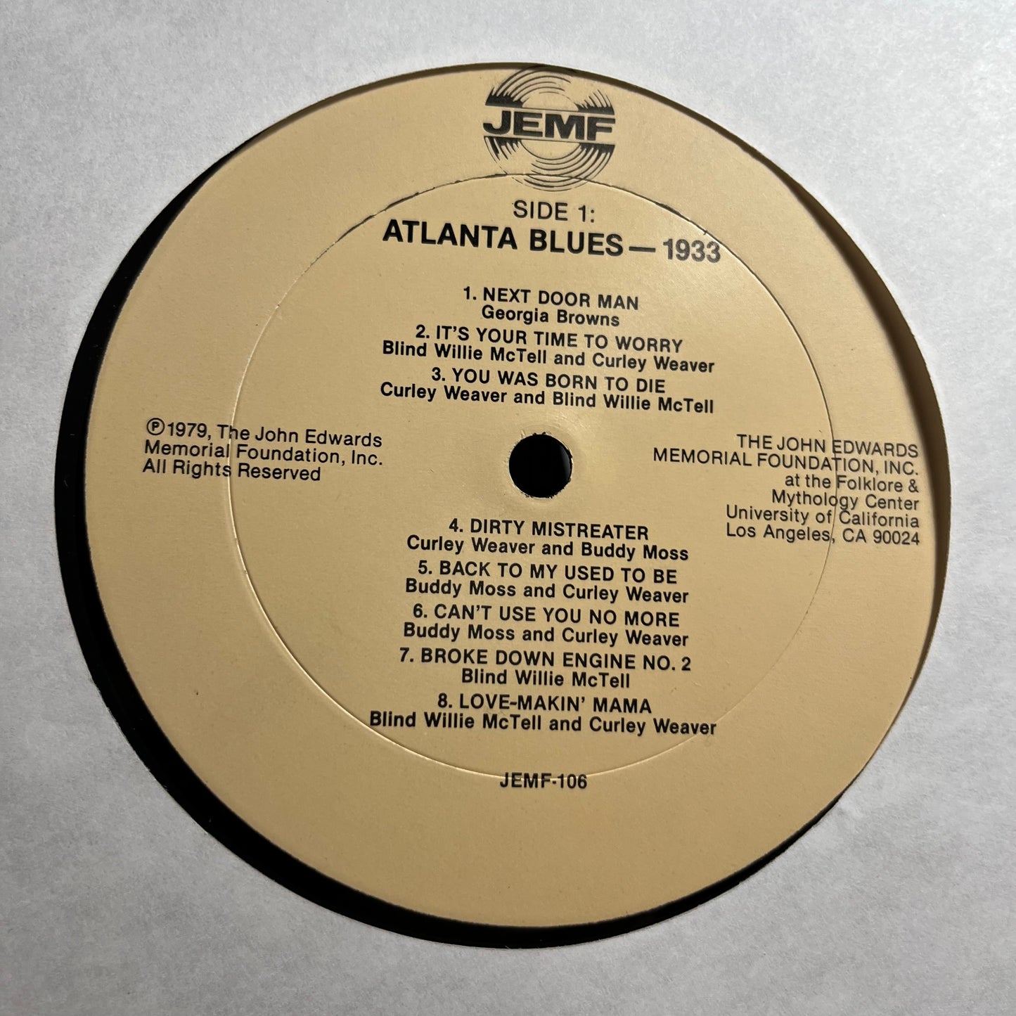 Atlanta Blues 1933 (VINYL) | Excellent (EX) Very Good Plus (VG+) - BLUES / USED *EXCELLENT*