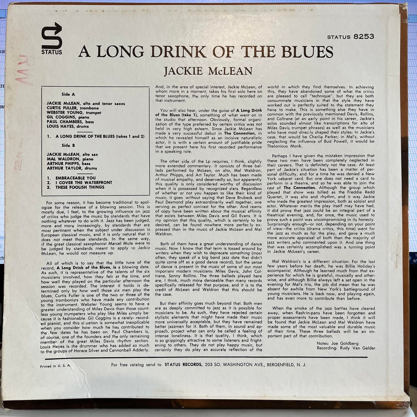 A Long Drink Of The Blues | Very Good (VG) Very Good Plus (VG+)