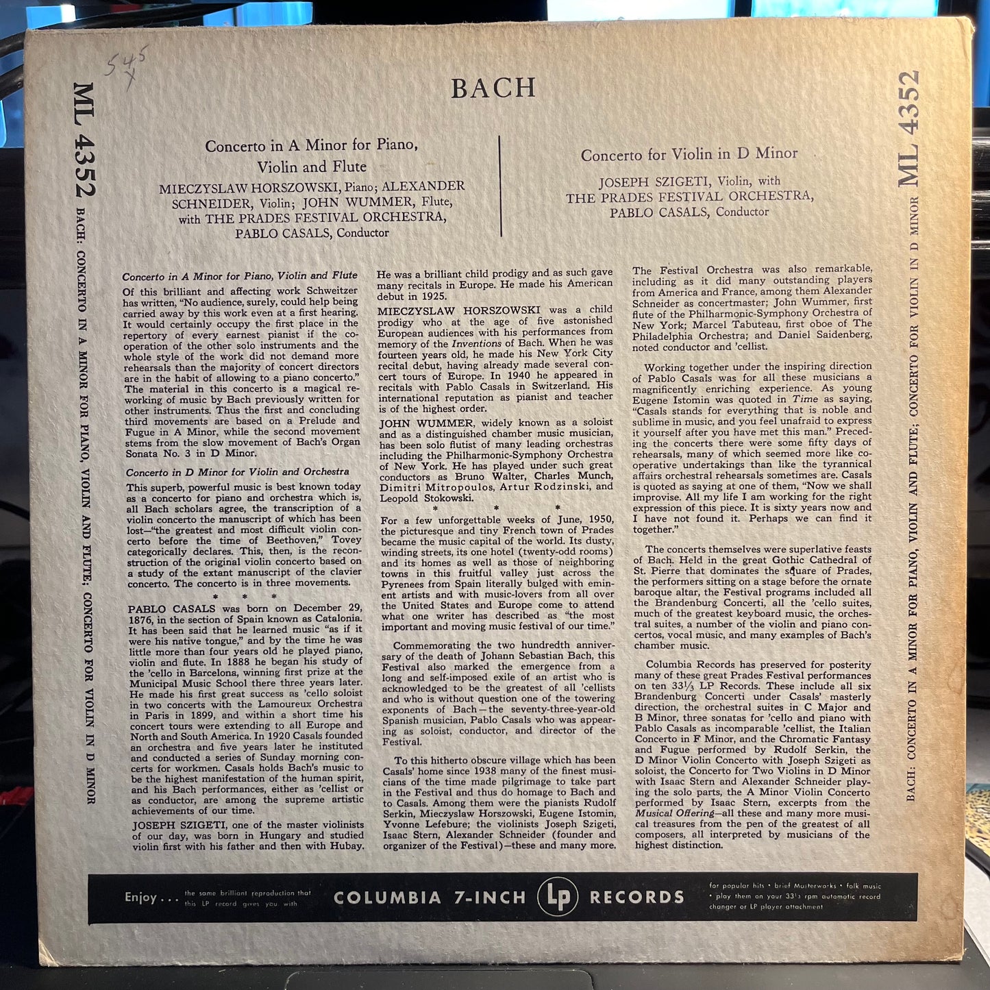 Johann Sebastian Bach Prades Festival - Vol. 8 LP Excellent (EX) Excellent (EX)