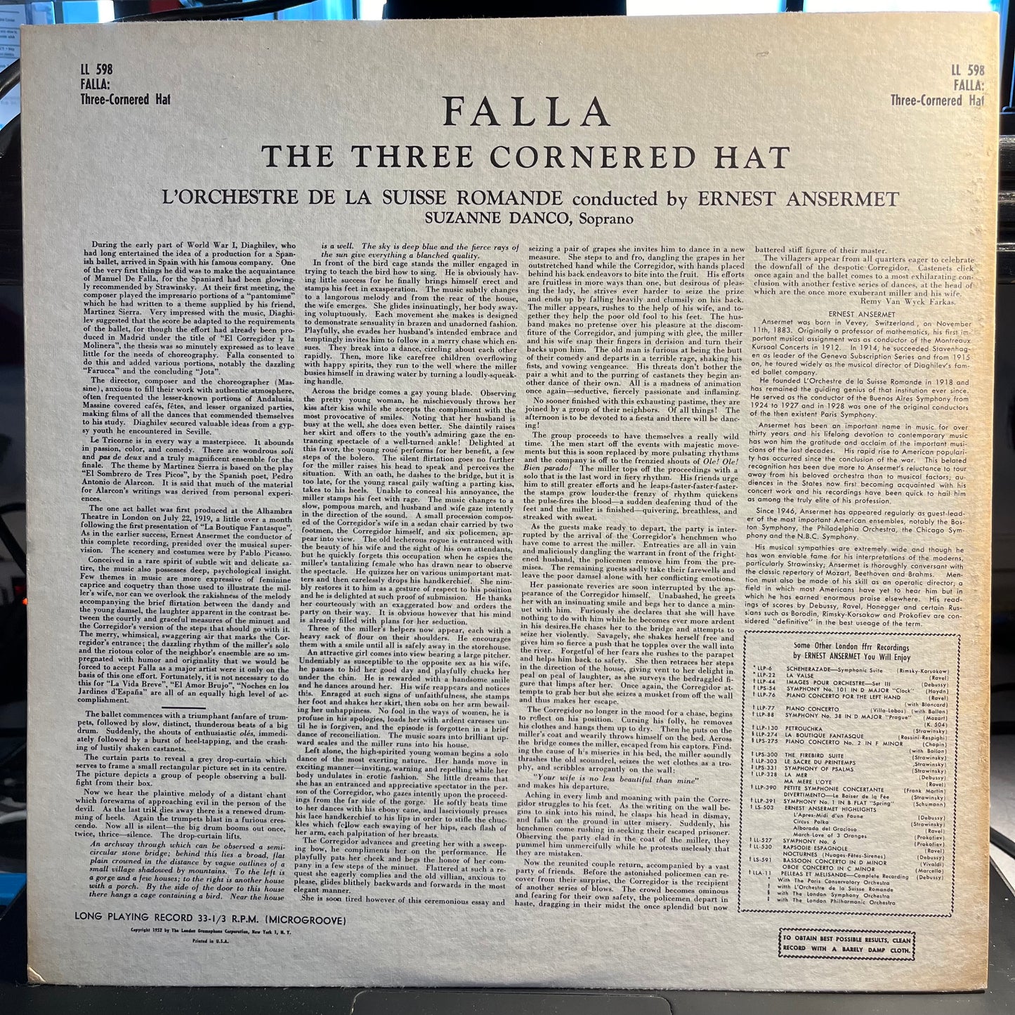 Manuel De Falla The Three Cornered Hat LP Excellent (EX) Near Mint (NM or M-)