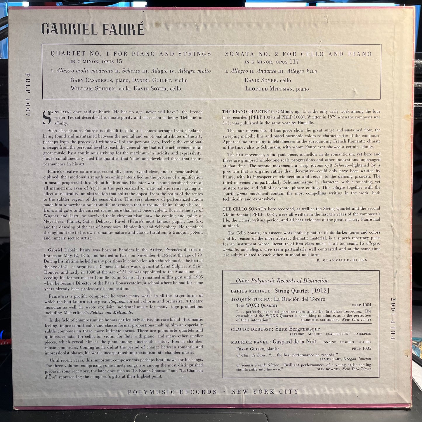 Gabriel Fauré Quartet No. 1 For Piano And Strings In C Minor, Opus 15 / Sonata No. 2 For Cello And Piano In G Minor, Opus 117 LP Excellent (EX) Very Good Plus (VG+)
