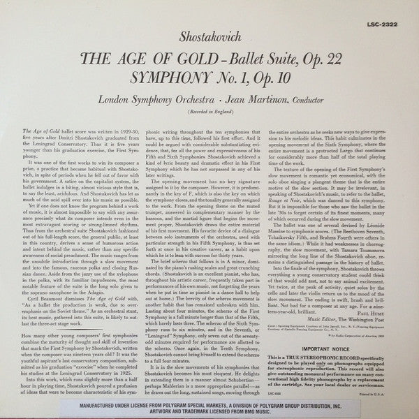 The Age Of Gold Ballet Suite And Symphony No. 1 (VINYL) | Mint (M) Excellent+ (EX+) - CLASSICAL / USED *MINT*