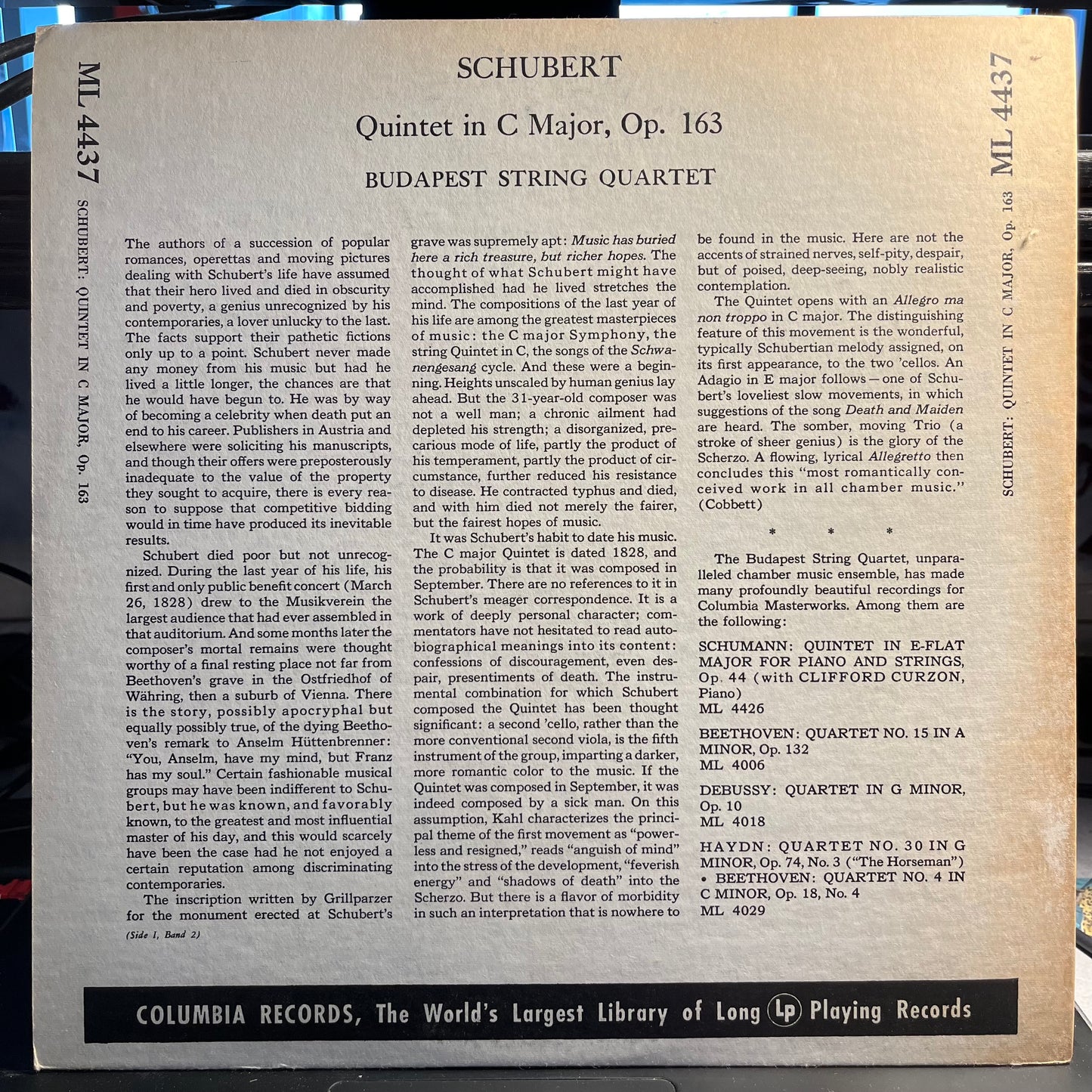 Franz Schubert Quintet In C Major, Op. 163 LP Near Mint (NM or M-) Near Mint (NM or M-)