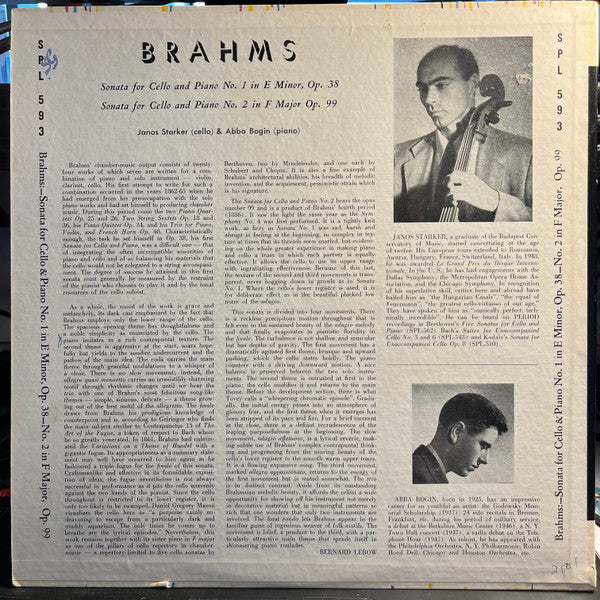 Johannes Brahms Sonatas For Cello And Piano LP Near Mint (NM or M-) Near Mint (NM or M-)