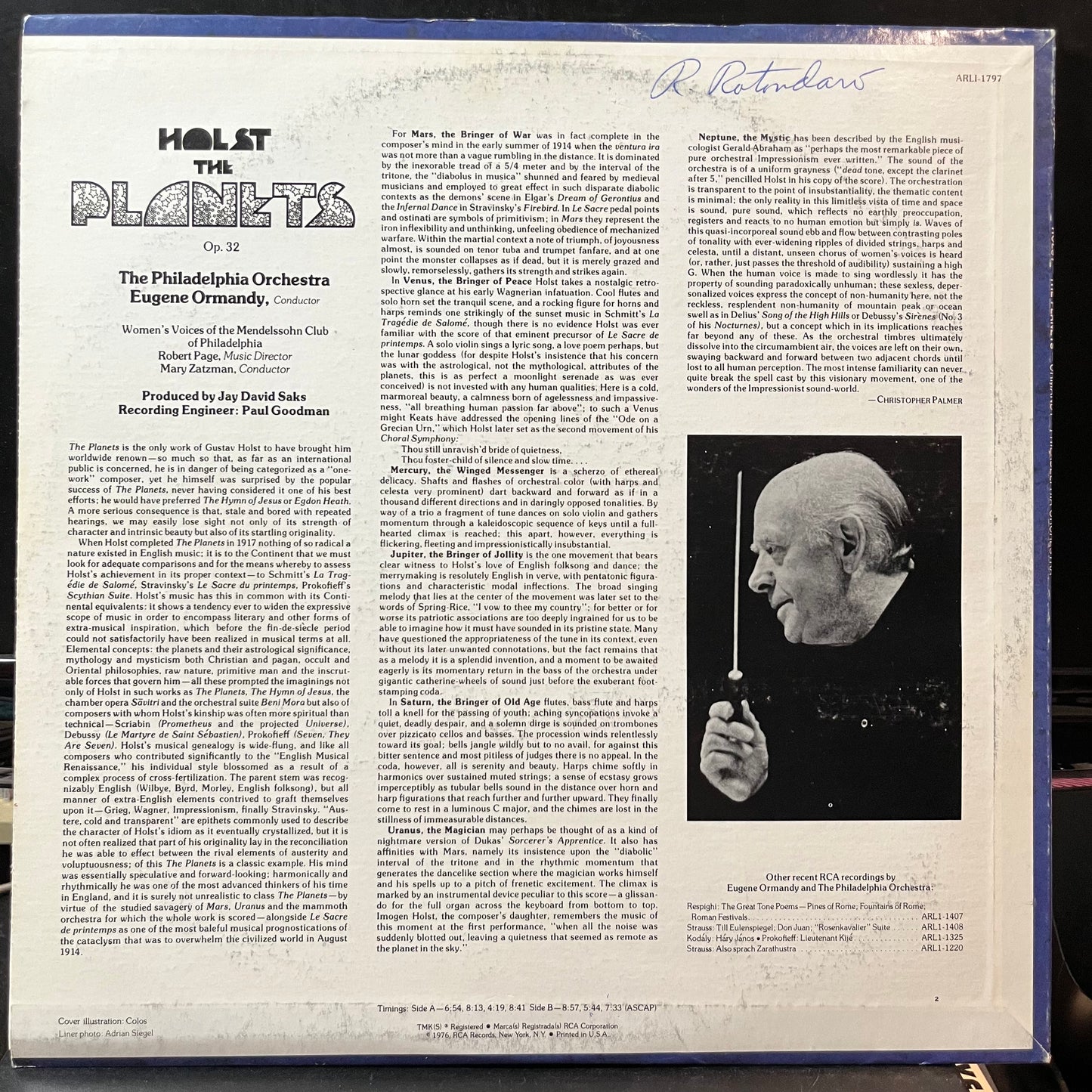 Gustav Holst - Eugene Ormandy, The Philadelphia Or - The Planets (VINYL LP RCA RED SEAL ARLI-1797 1976) | Near Mint (NM or M-) Near Mint (NM) - CLASSICAL / USED *NEAR MINT*