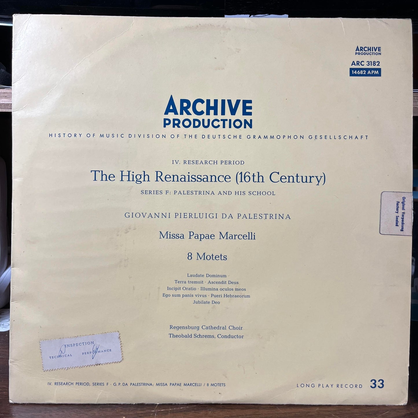 Missa Papae Marcelli, 8 Motets (VINYL) | Near Mint (NM or M-) Excellent (EX) - CLASSICAL / USED *NEAR MINT*