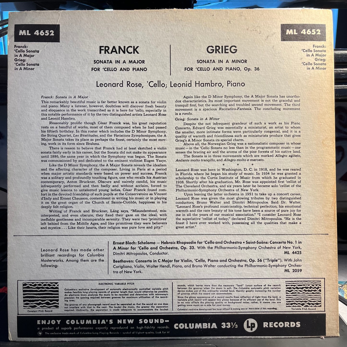 Leonard Rose Franck: Sonata In A Major / Grieg: Sonata In A Minor LP Near Mint (NM or M-) Excellent (EX)