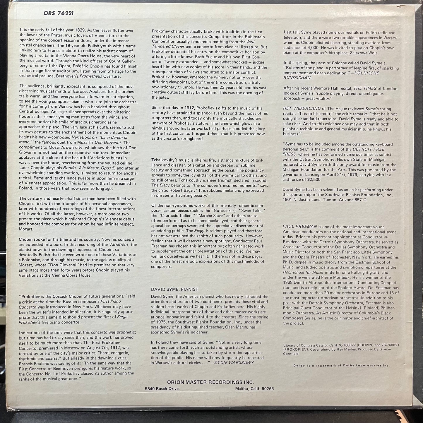 New Philharmonia Orchestra - Variations On “La Ci Darem la Mano” / Concerto No. 1 / Elegy (VINYL LP ORION ORS 76221 1976) | Near Mint (NM or M-) Excellent (EX) - CLASSICAL / USED *NEAR MINT*