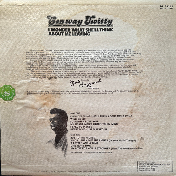 Conway Twitty I Wonder What She'll Think About Me Leaving LP Excellent (EX) Excellent (EX)