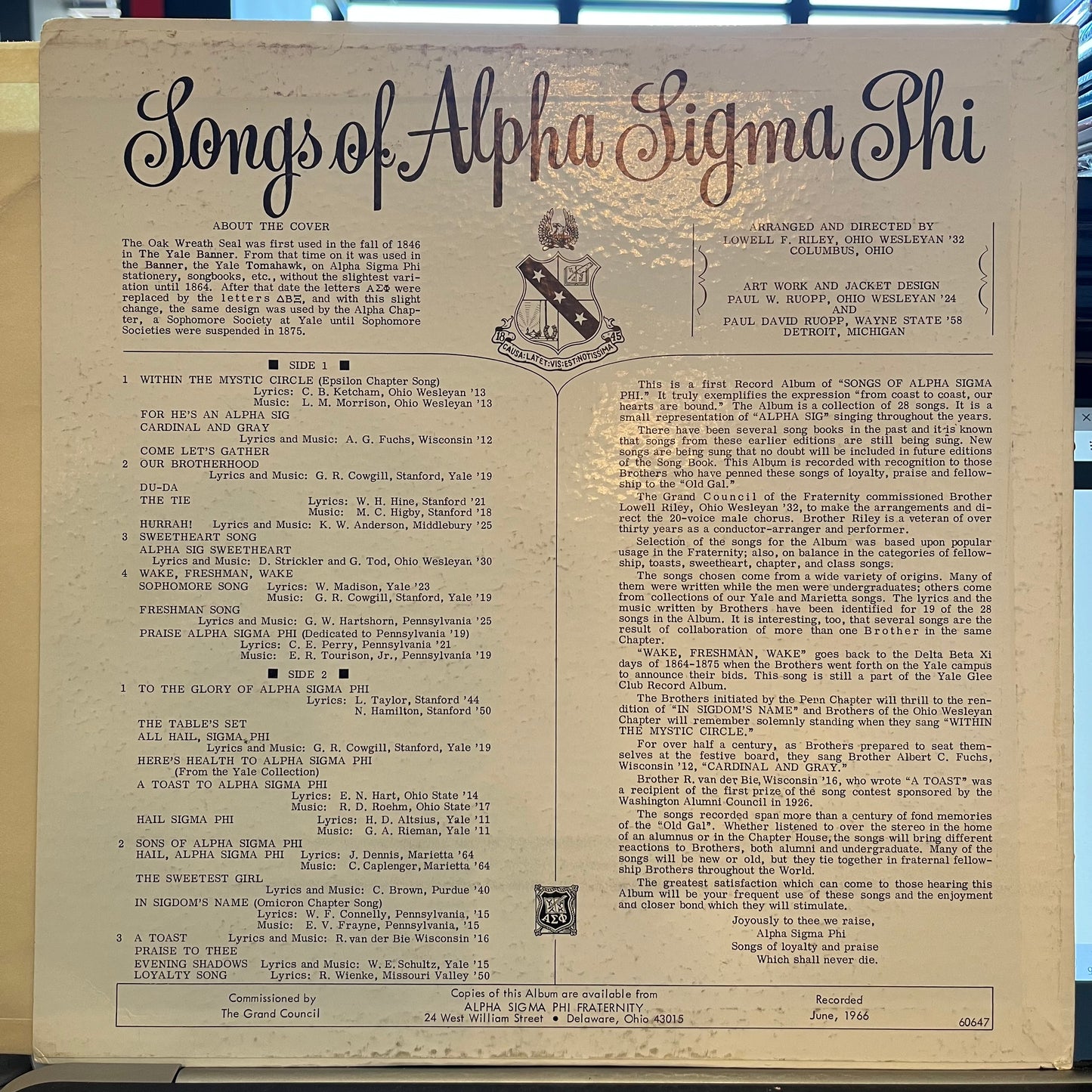Songs Of Alpha Sigma Phi | Excellent (EX) Very Good Plus (VG+)