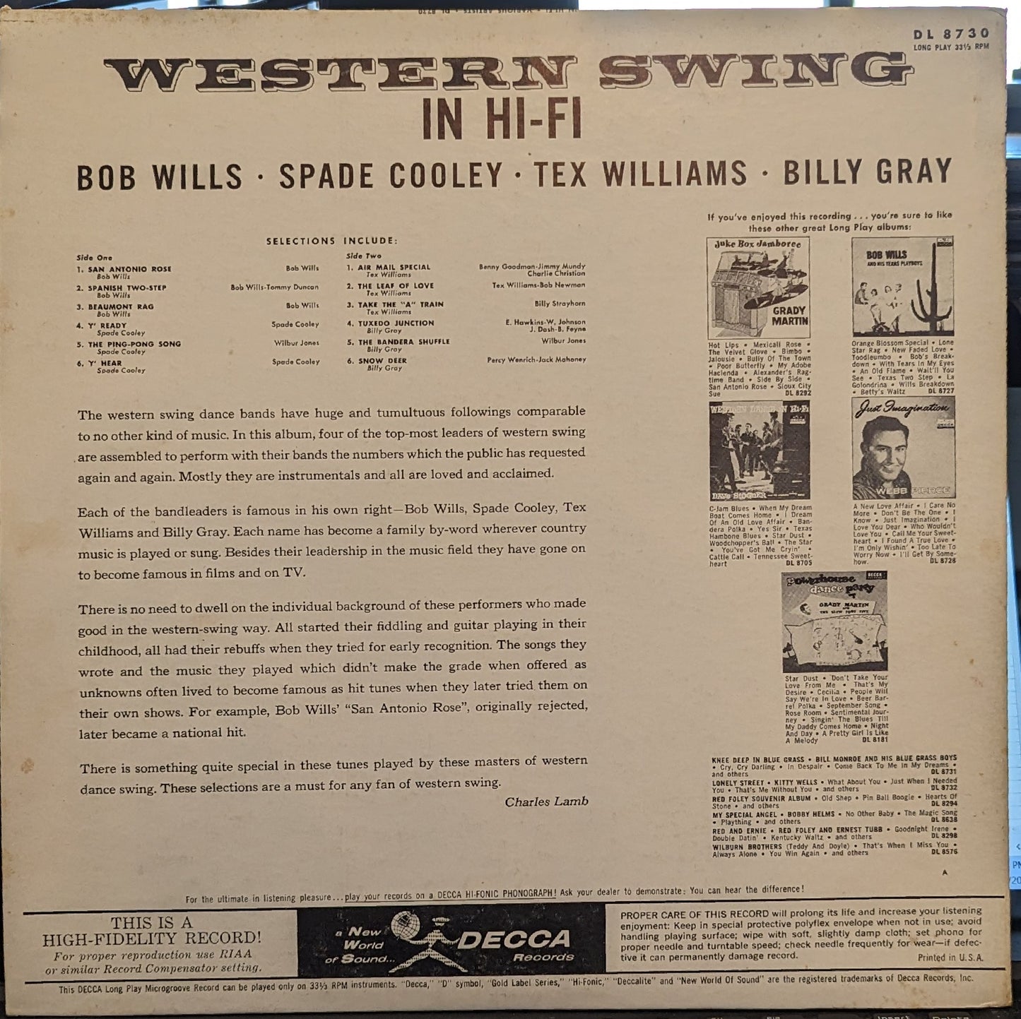 Bob Wills Western Swing In Hi-Fi *MONO* LP Good Plus (G+) Excellent (EX)