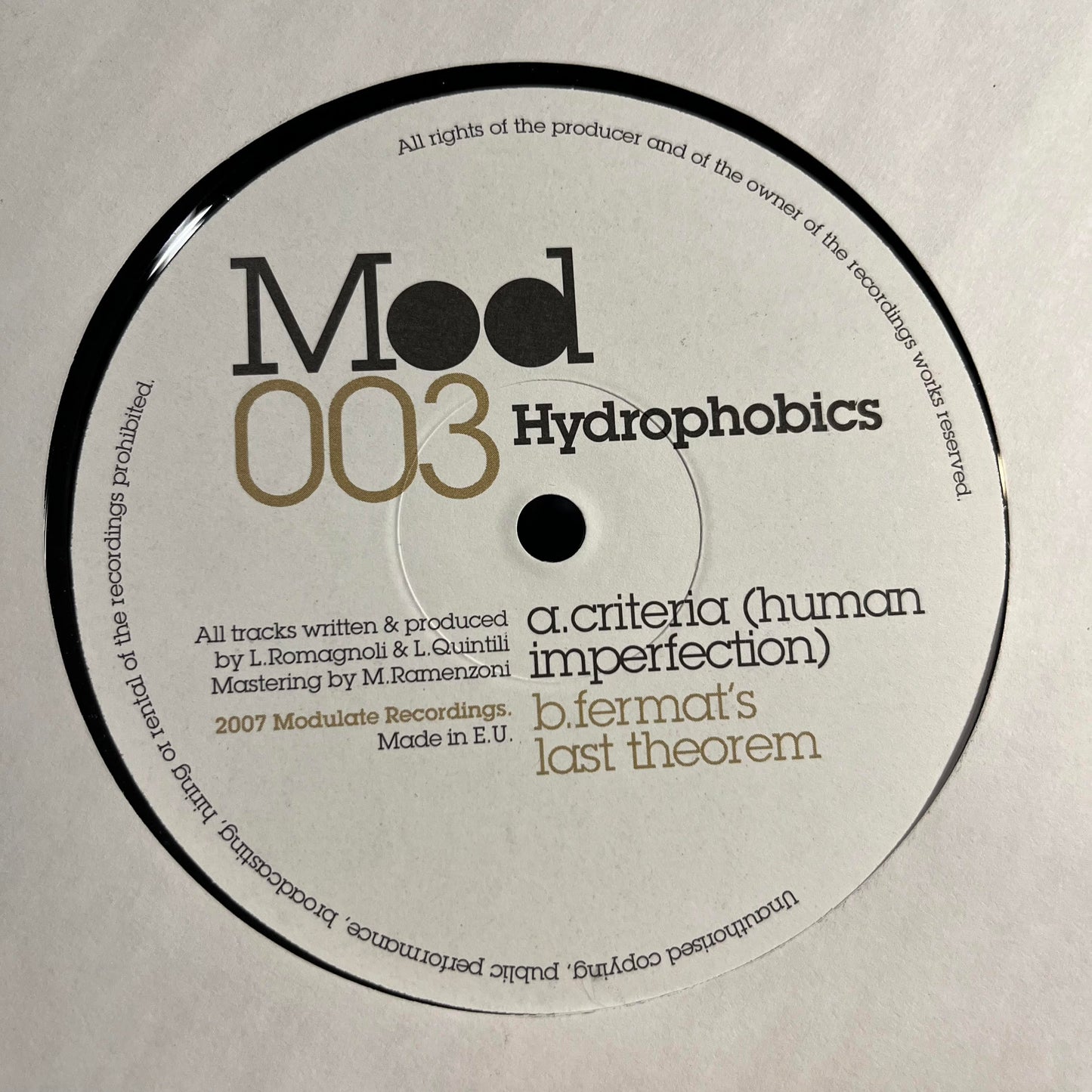 Hydrophobics - Criteria (Human Imperfection) / Fermat's Last Theorem | Near Mint (NM) Generic - DRUM & BASS / USED *NEAR MINT*
