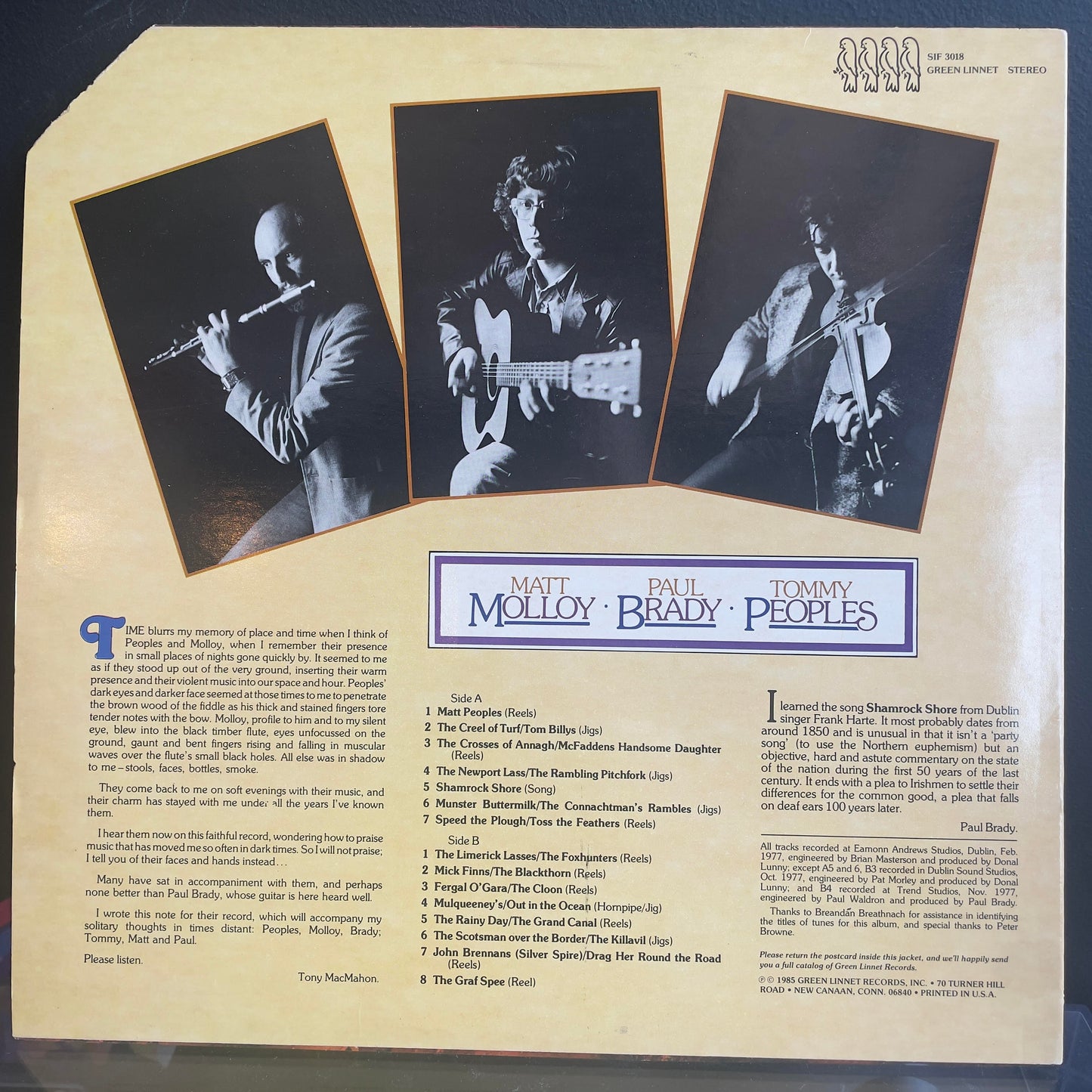 Matt Molloy - Paul Brady - Tommy Peoples (VINYL) | Near Mint (NM or M-) Excellent (EX) - FOLK / USED *NEAR MINT*