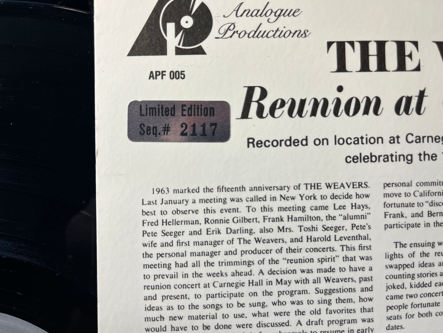 Reunion At Carnegie Hall - 1963 (VINYL) | Near Mint (NM) Excellent+ (EX+) - FOLK / USED *NEAR MINT*