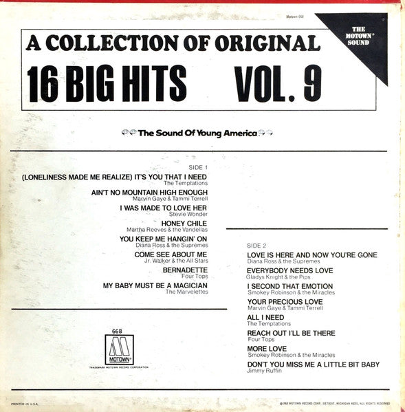 The Motown Sound (A Collection Of 16 Original Hits Vol. 9) (VINYL) | Excellent (EX) Very Good Plus (VG+) - FUNK / USED *EXCELLENT*