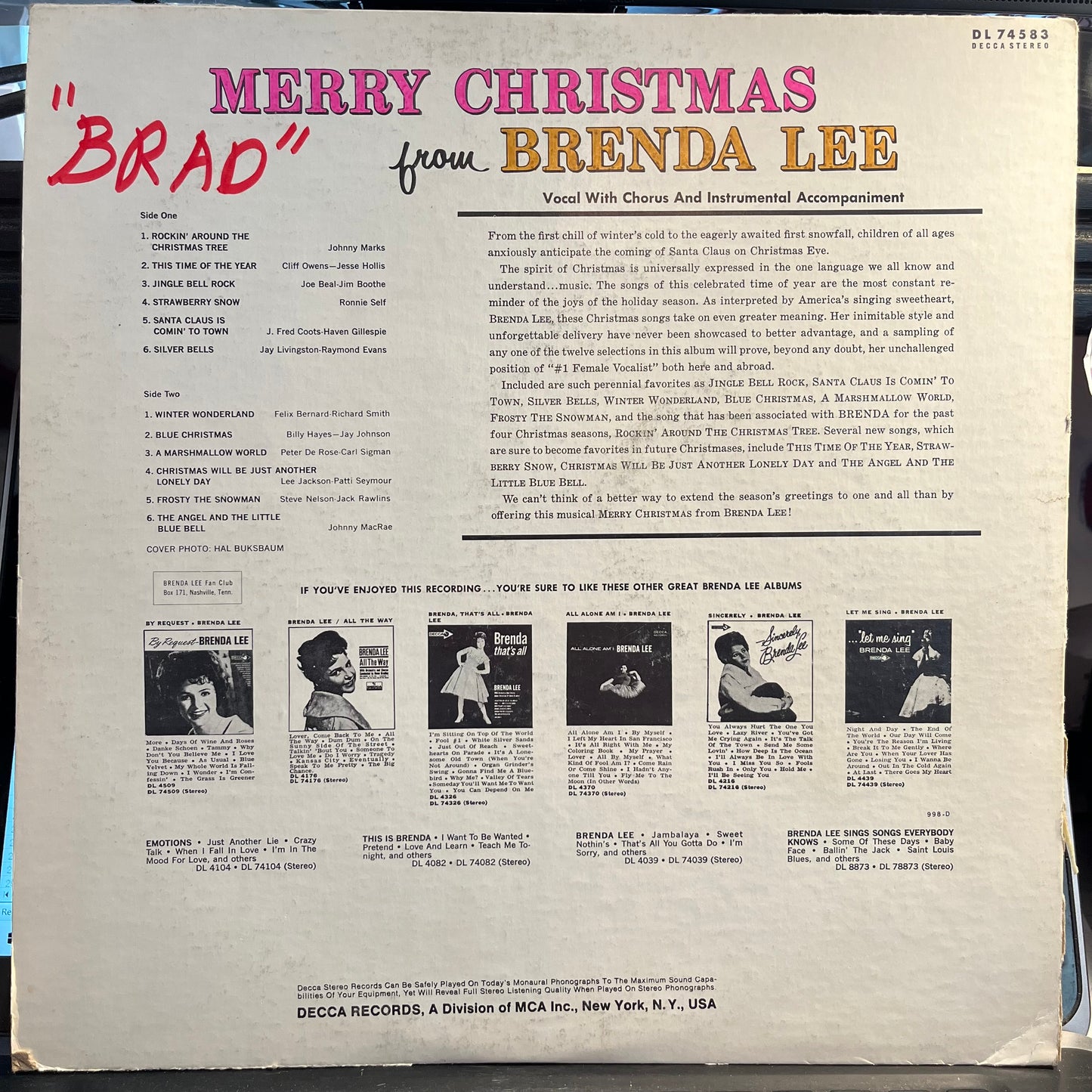 Merry Christmas From Brenda Lee (VINYL) | Excellent (EX) Very Good (VG) - HOLIDAY / USED *EXCELLENT*