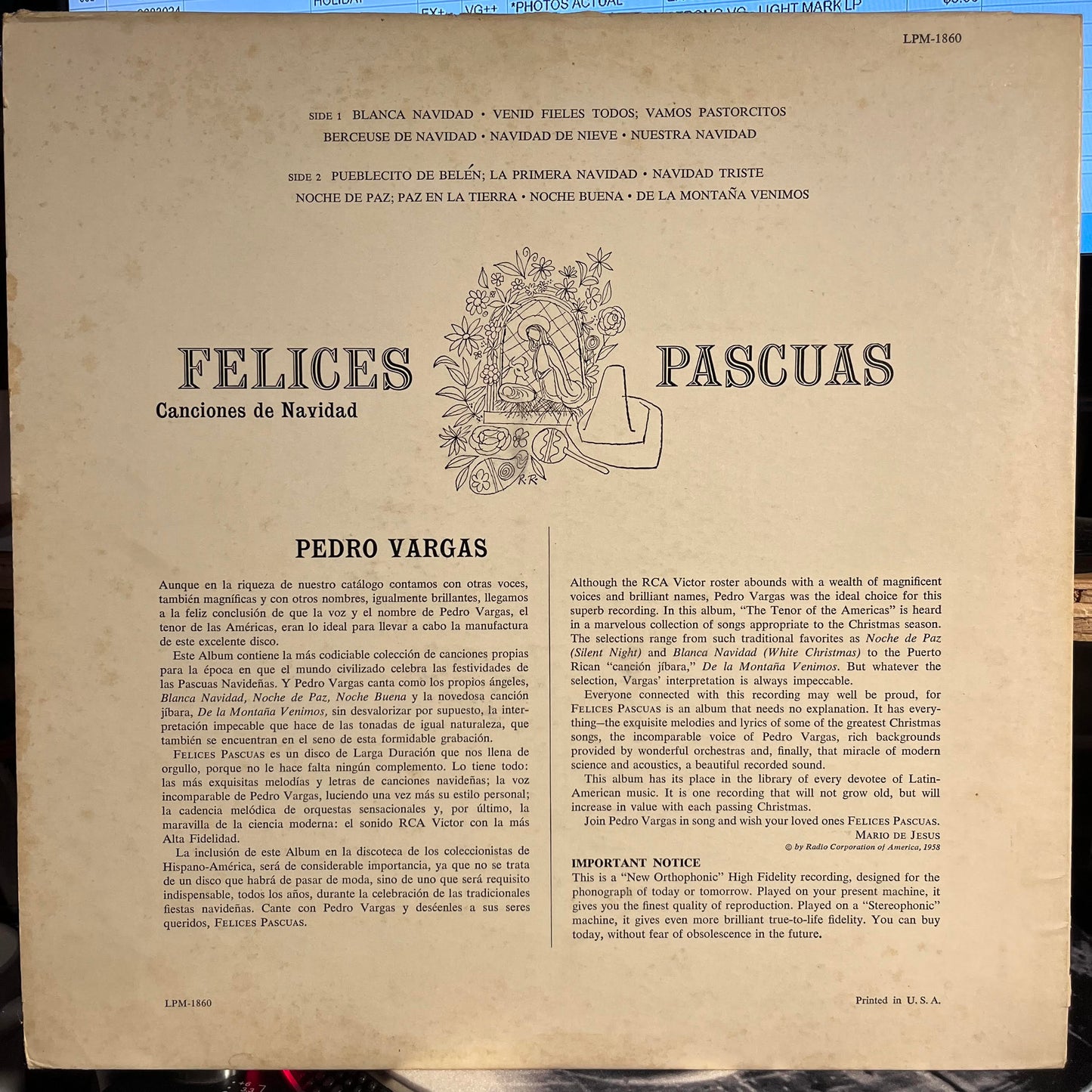 Felices Pascuas - Canciones De Navidad por Pedro Vargas | Very Good (VG) Excellent (EX)