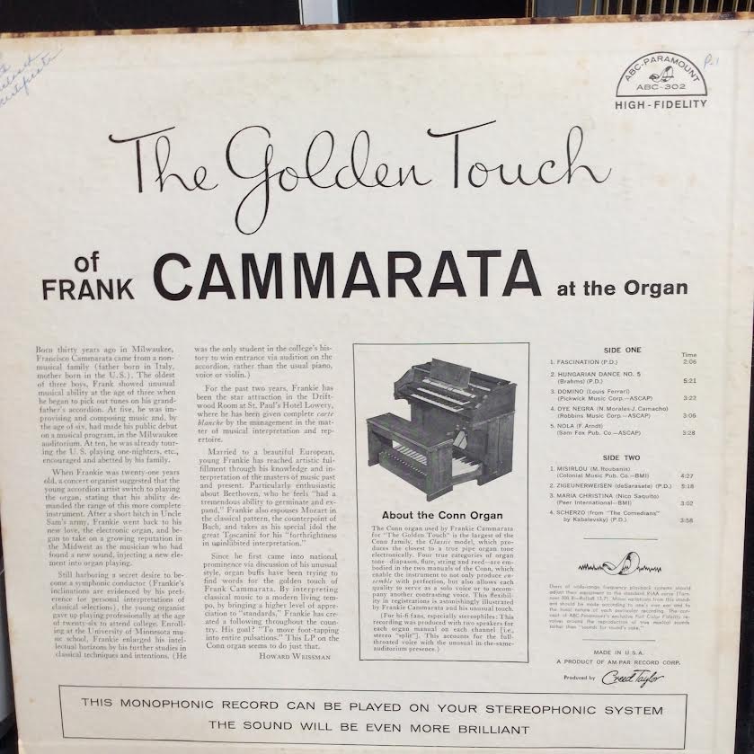 The Golden Touch Of Frank Cammarata At The Organ (VINYL) | Very Good Plus (VG+) Near Mint (NM or M-) - JAZZ / USED *EXCELLENT+*