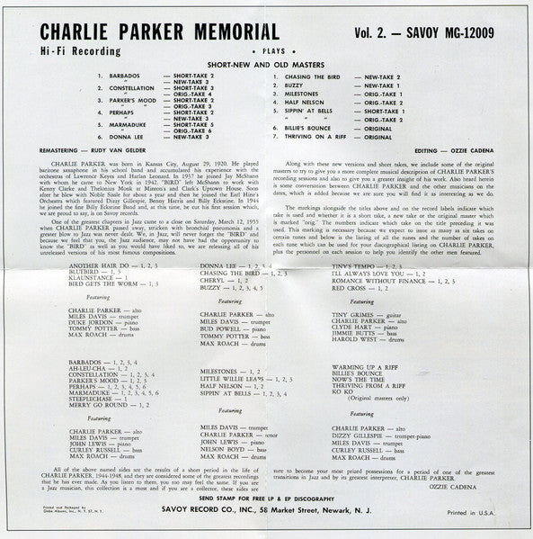 Charlie Parker Memorial Vol. 2 (CD) | Near Mint (NM or M-) Good Plus (G+) - JAZZ / USED *NEAR MINT-*