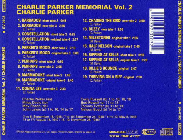 Charlie Parker Memorial Vol. 2 (CD) | Near Mint (NM or M-) Good Plus (G+) - JAZZ / USED *NEAR MINT-*