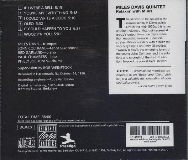 Relaxin' With The Miles Davis Quintet (CD) | Near Mint (NM) Excellent+ (EX+) - JAZZ / USED *NEAR MINT*
