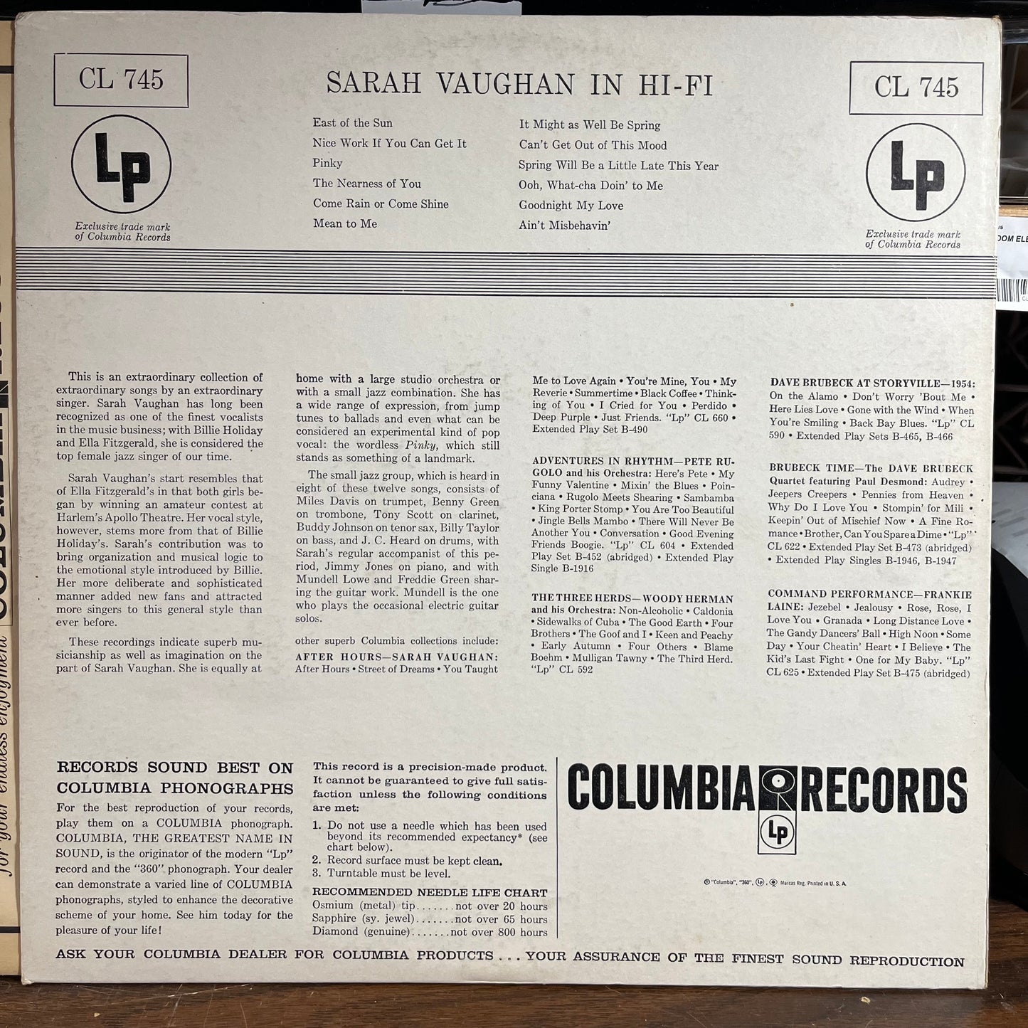 Sarah Vaughan In Hi-Fi (VINYL) | Very Good (VG) Excellent (EX) - JAZZ / USED *VERY GOOD*