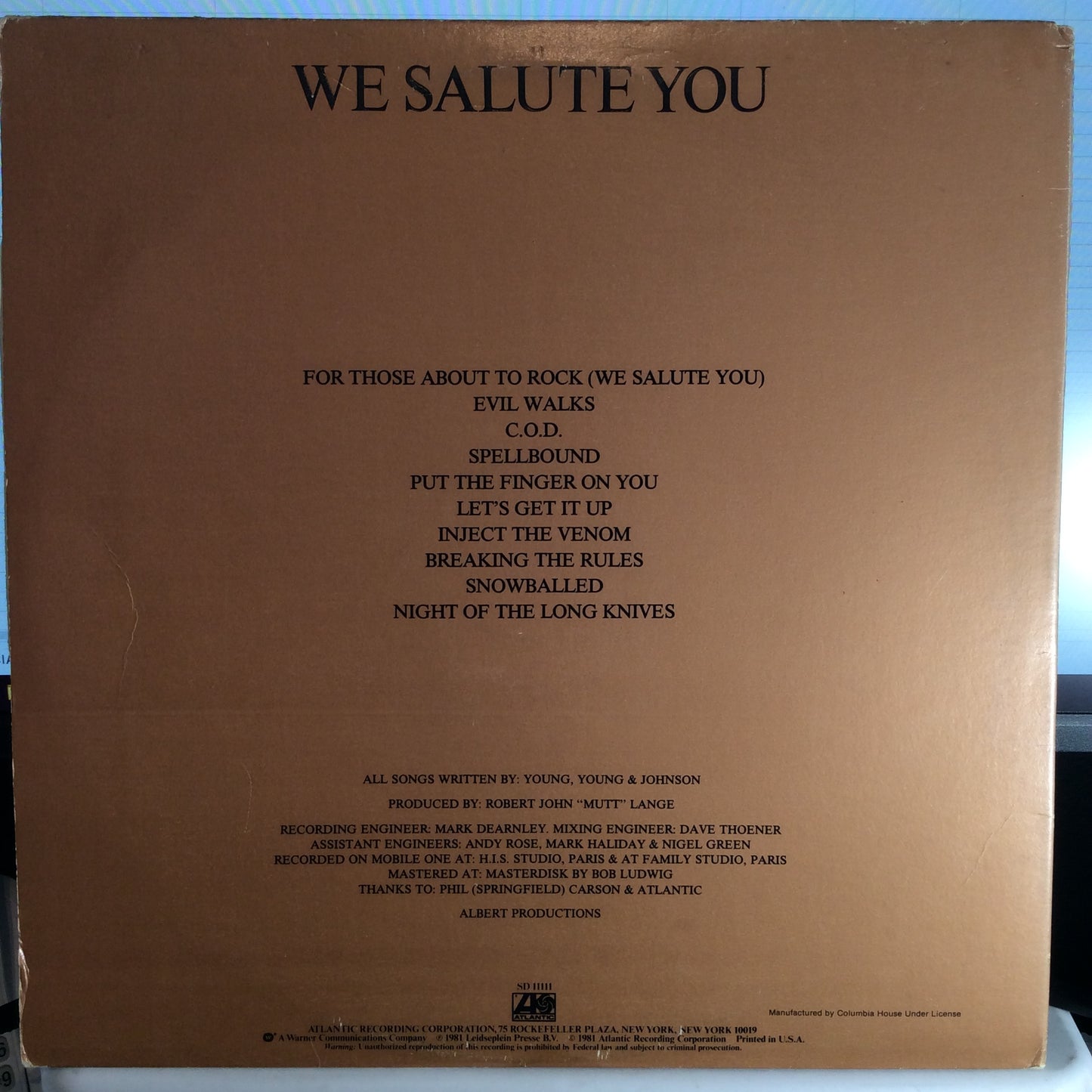 For Those About To Rock (We Salute You) (VINYL) | Very Good Plus (VG+) Excellent (EX) - METAL / USED *VERY GOOD+*