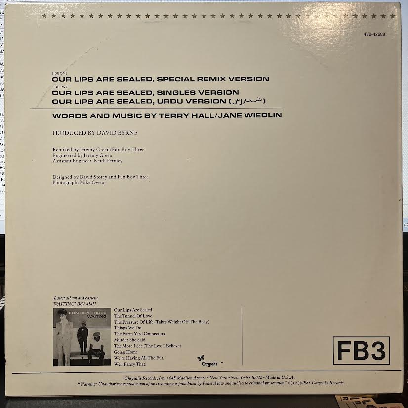 Our Lips Are Sealed (Special Remix Version) (12" VINYL) | Near Mint (NM) Excellent+ (EX+) - NEW WAVE / USED *NEAR MINT*