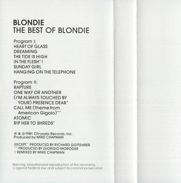 Blondie - The Best Of Blondie (CASSETTE) | Very Good Plus (VG+) Near Mint (NM) - NEW WAVE / USED *VERY GOOD++*
