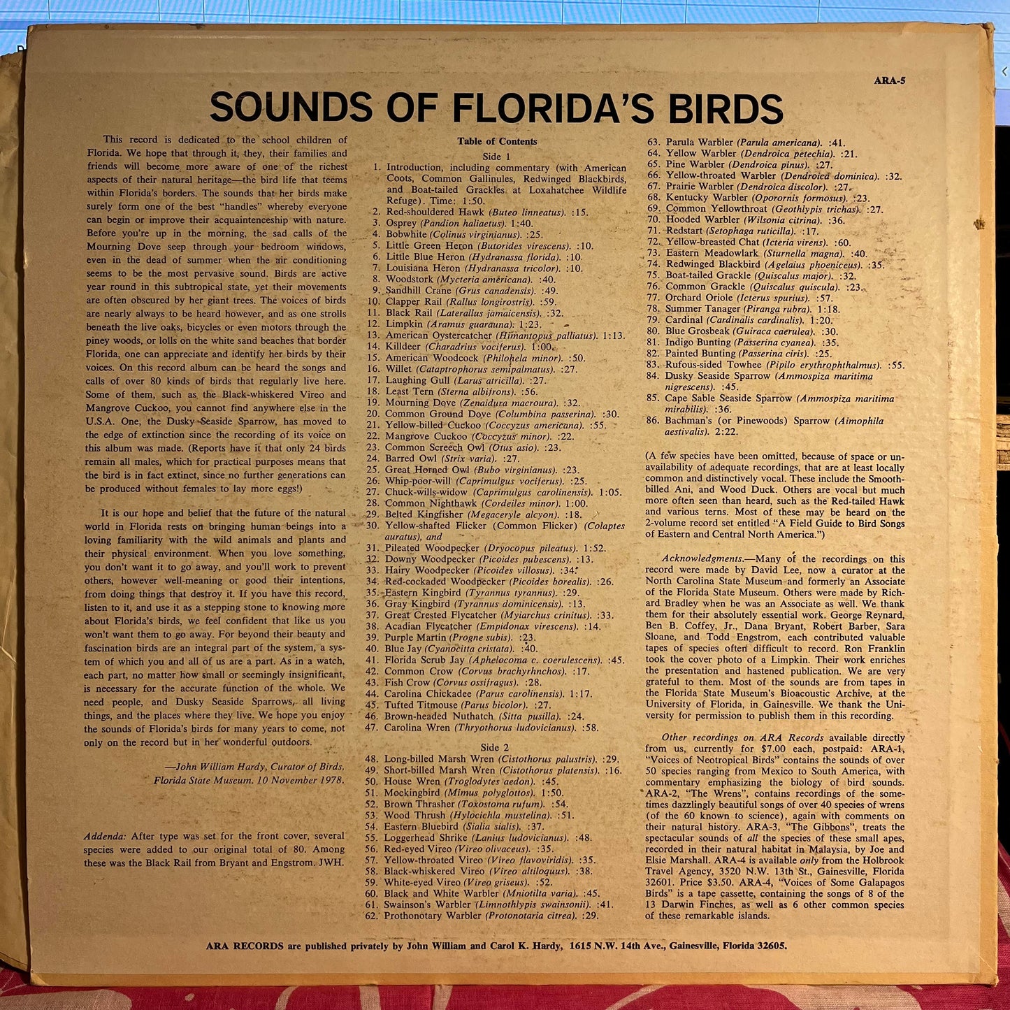 Sounds Of Florida's Birds | Very Good Plus (VG+) Excellent (EX)