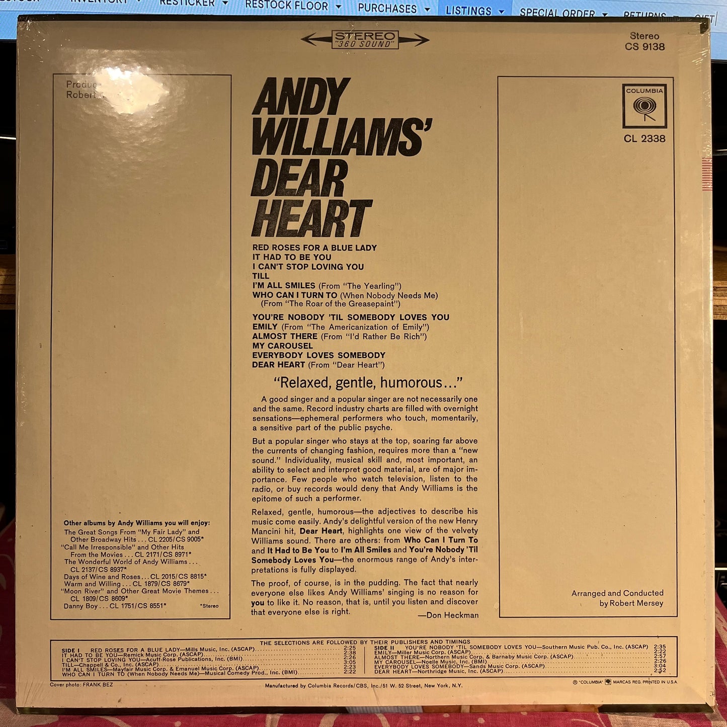 Andy Williams' Dear Heart | Mint (M) Near Mint (NM)