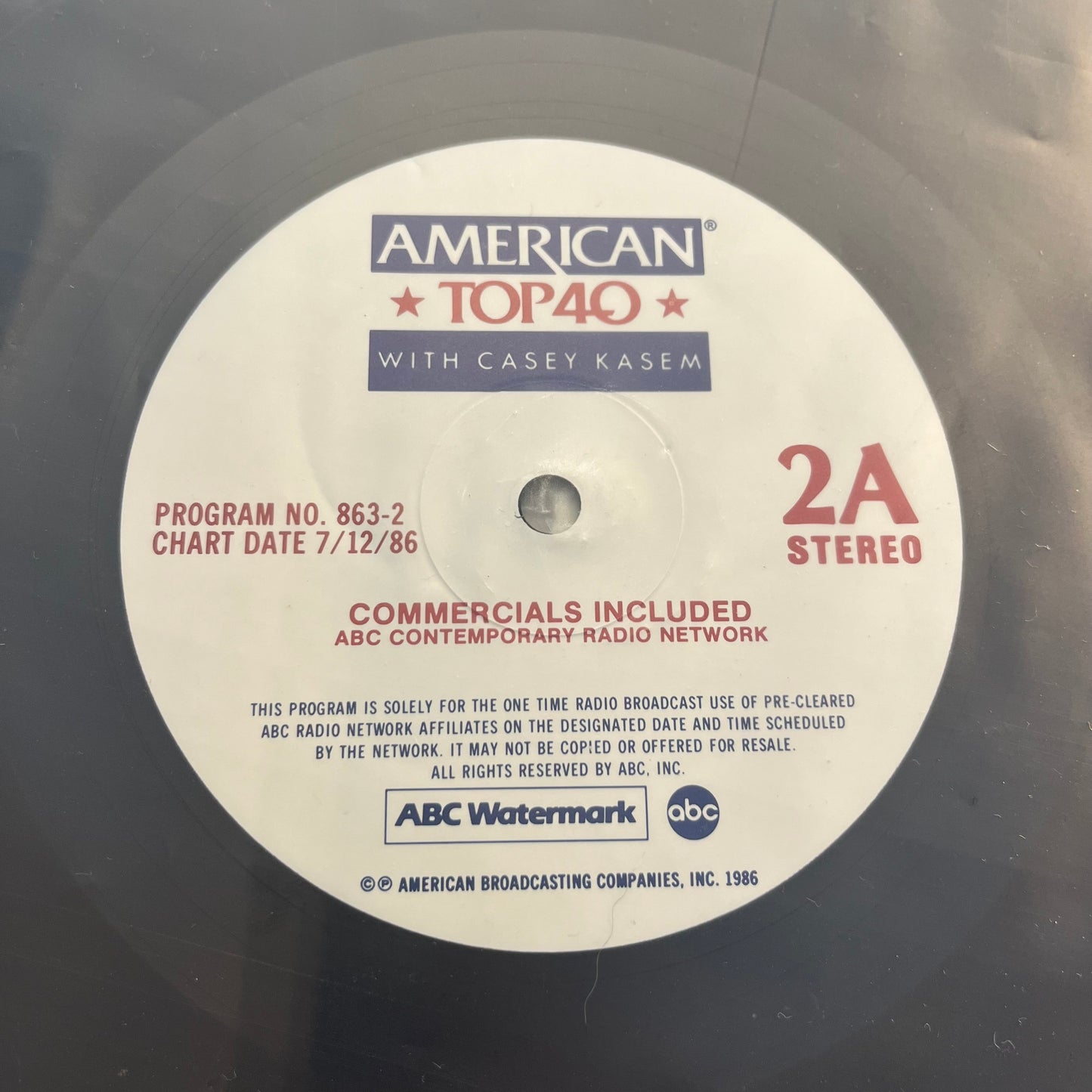 Casey Kasem American Top 40 / 863-2 / 7/12/86 4xLP Excellent (EX) Excellent (EX)