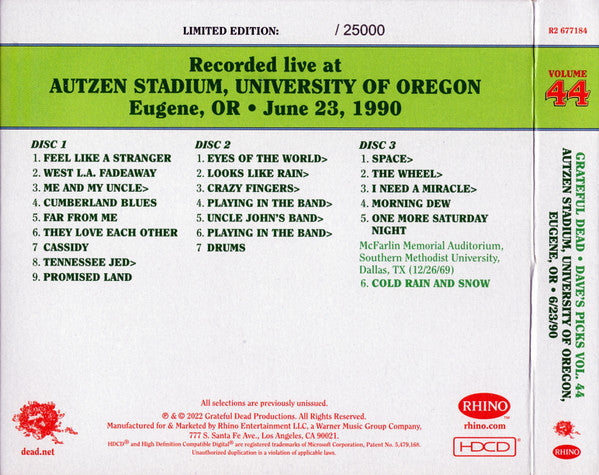 Dave's Picks, Volume 44 (3xCD)(Autzen Stadium, U. Of Oregon, Eugene, OR • 6/23/90) | Mint (M) Near Mint (NM) - ROCK
