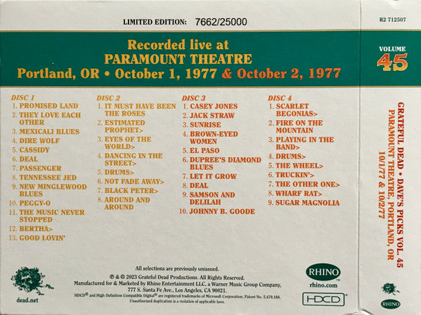Dave's Picks, Volume 45 (4xCD)(Paramount Theatre, Portland, OR • 10/1-2/77) | Mint (M) Near Mint (NM) - ROCK