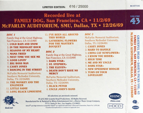 Dave's Picks, Volume 43 (3xCD)(San Francisco, 11/2/69 • Dallas, 12/26/69) | Mint (M) Near Mint (NM) - ROCK