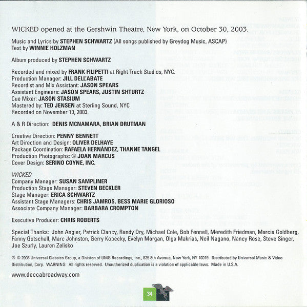 Wicked (Original Broadway Cast Recording) (CD) | Mint (M) Mint (M) - SOUNDTRACK *SEALED*