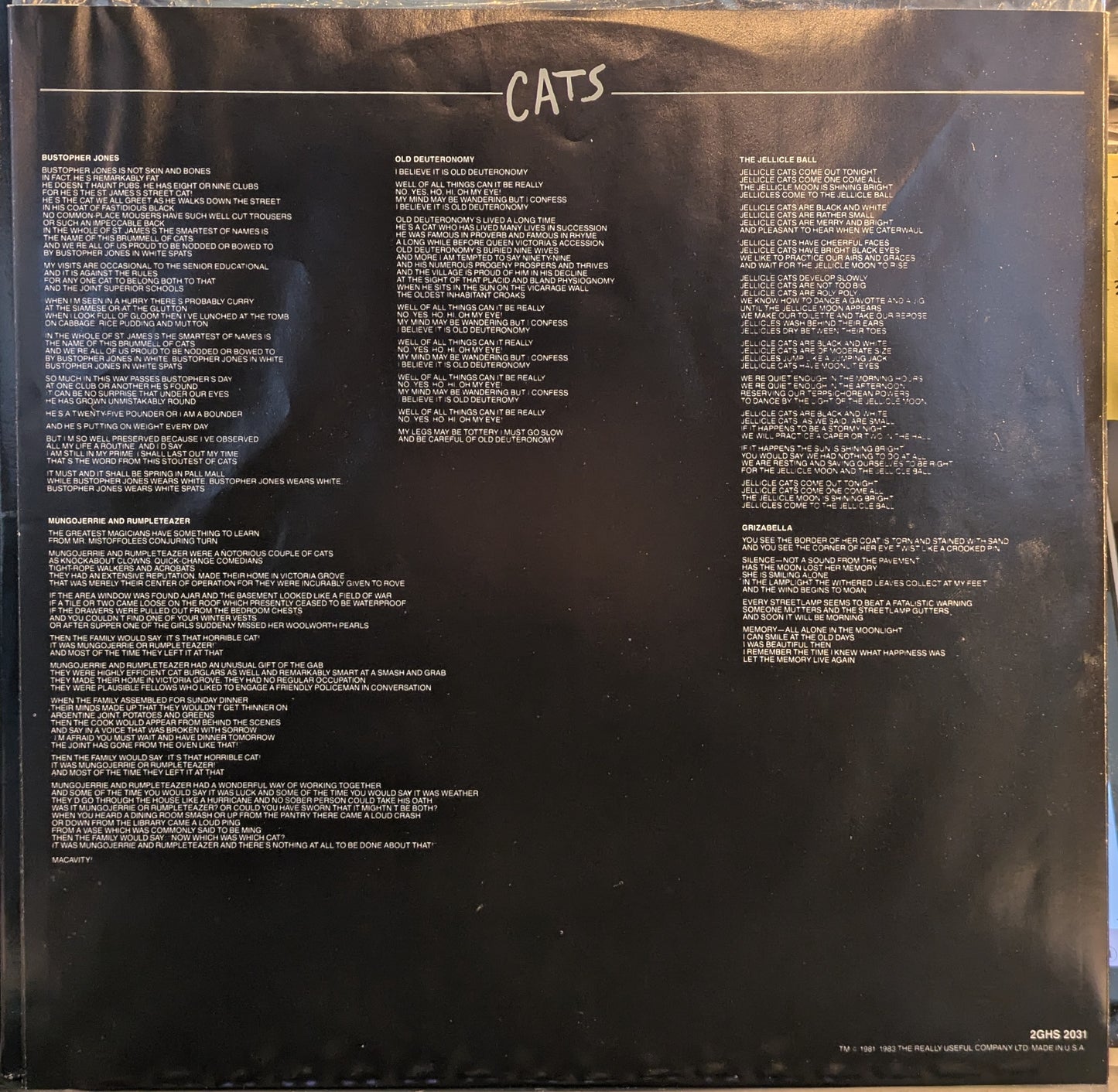 Cats - Complete Original Broadway Cast Recording (2xVINYL) | Near Mint (NM) Near Mint (NM) - SOUNDTRACK / USED *NEAR MINT*
