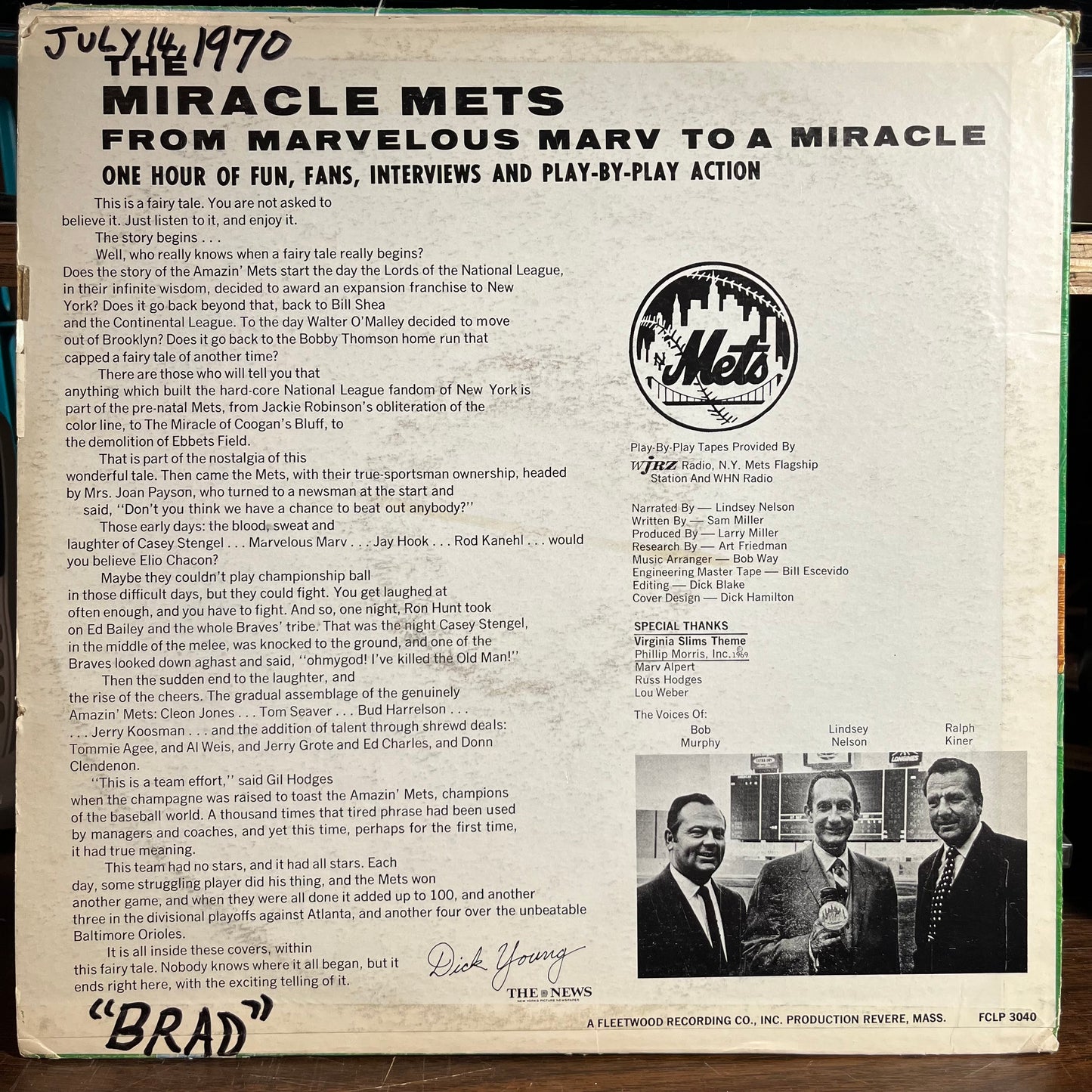 The Miracle Mets - From Marvelous Marv To A Miracle In Play-By-Play Action (VINYL) | Near Mint- (NM-) Excellent (EX) - SPOKEN WORD / USED *NEAR MINT-*
