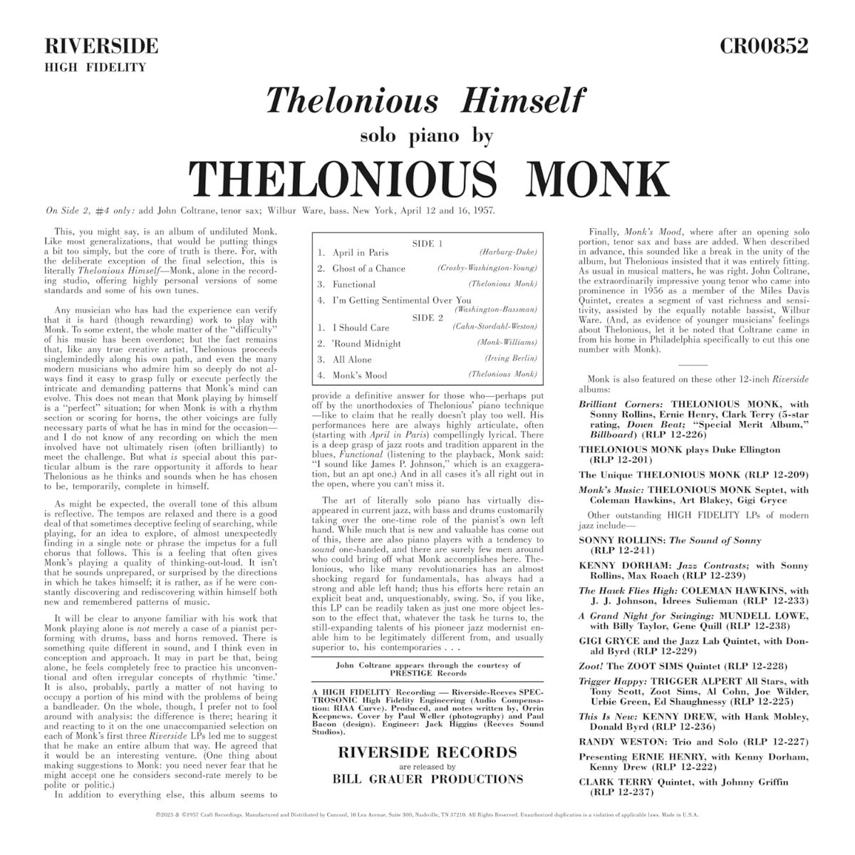 Thelonious Himself (Original Jazz Classics Series) (180 Gram Vinyl) |