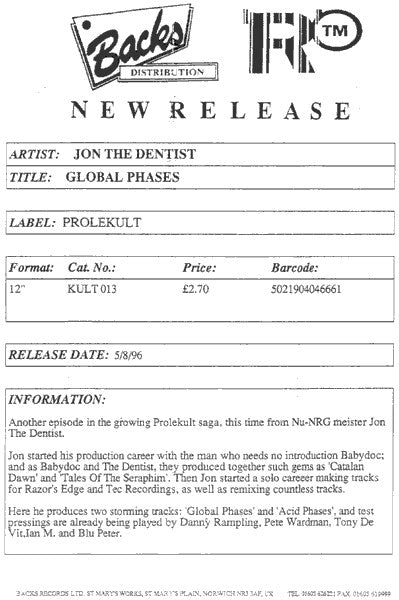 Jon The Dentist - Global Phases | Very Good Plus (VG+) Very Good Plus (VG+) - TRANCE / USED *VERY GOOD+*