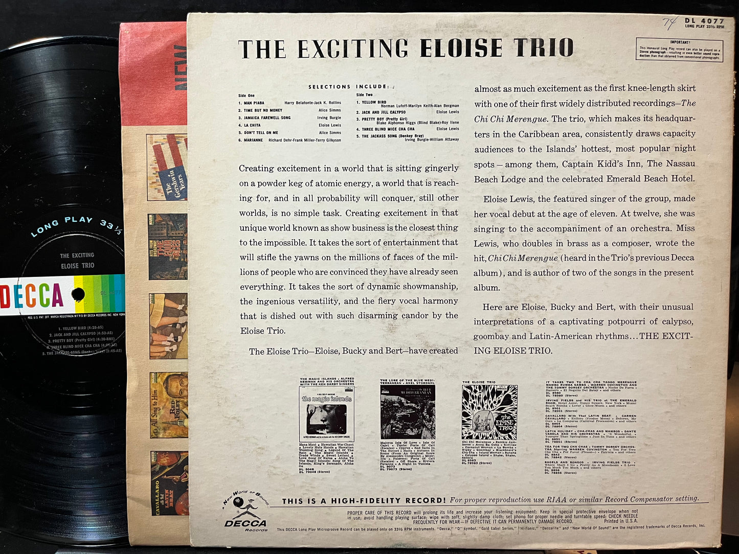 The Eloise Trio - The Exciting Eloise Trio (VINYL LP Decca DL 4077) | Very Good Plus Plus (VG++) Excellent+ (EX+) - WORLD/CALYPSO / USED *VERY GOOD++*