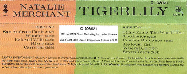 Natalie Merchant - Tigerlily (CASSETTE) | Excellent (EX) Excellent (EX) - ALT/INDIE / USED *EXCELLENT*