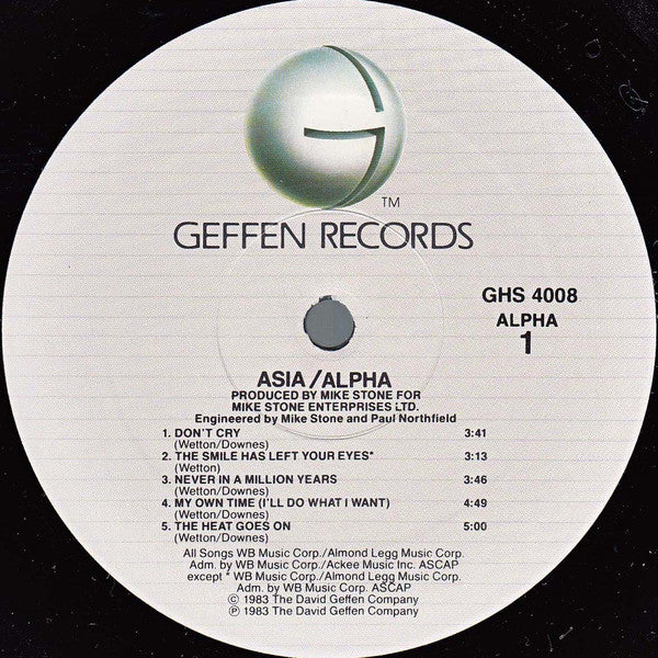 Asia (2) Alpha Geffen Records LP, Album, All Very Good Plus (VG+) Near Mint (NM or M-)