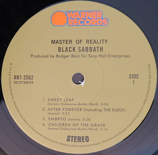 Black Sabbath Master Of Reality Warner Records, Warner Records LP, Album, RE, Gat Mint (M) Mint (M)