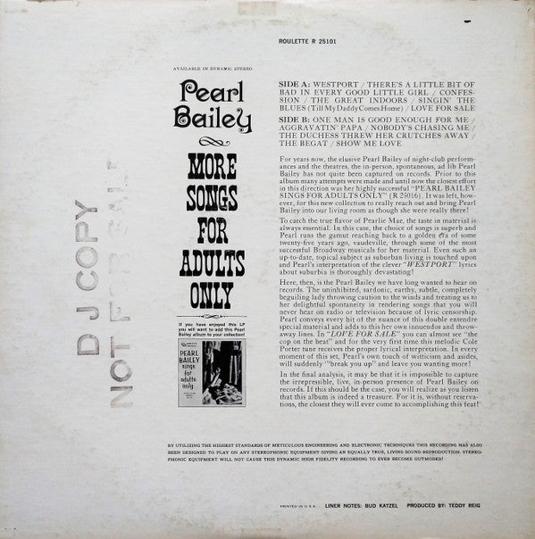 Pearl Bailey - More Songs For Adults Only | Excellent (EX) Very Good Plus (VG+) - BLUES / USED *EXCELLENT+*