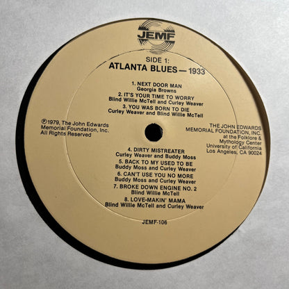 Atlanta Blues 1933 (VINYL) | Excellent (EX) Very Good Plus (VG+) - BLUES / USED *EXCELLENT*