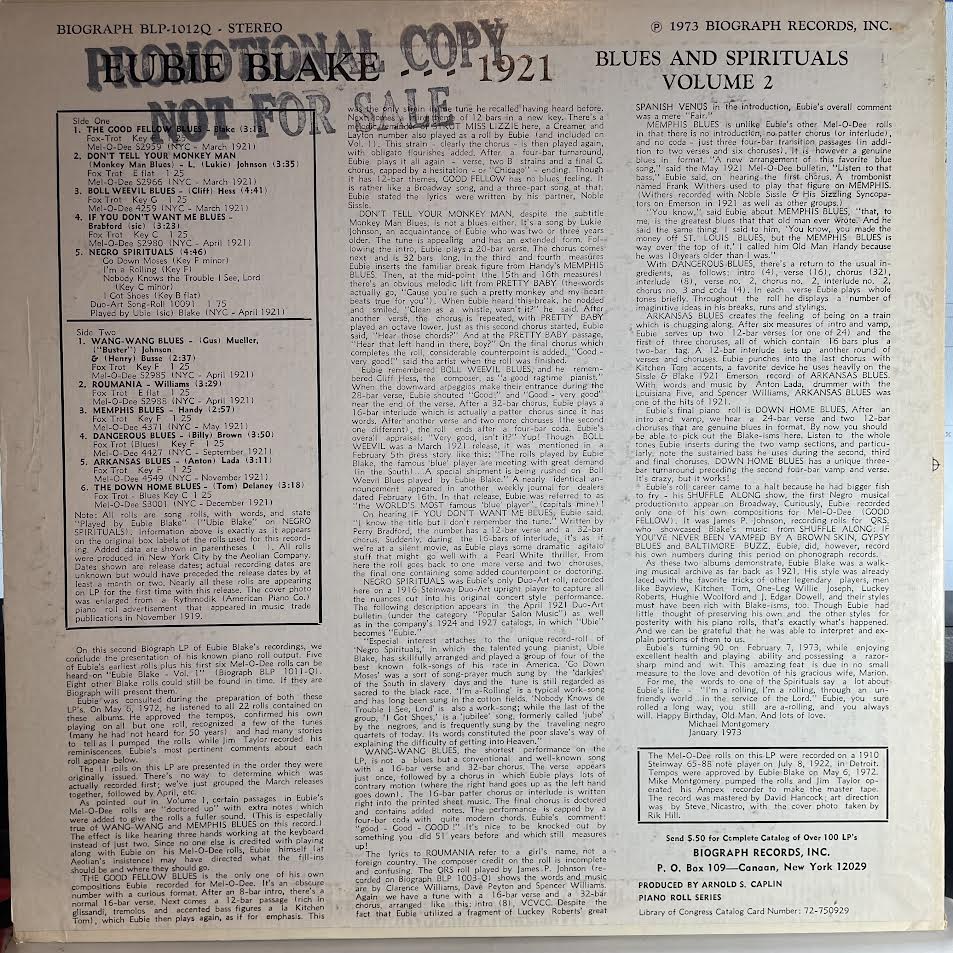 1921 - Vol. 2 Rare Piano Rolls Of Early Blues And Spirituals (VINYL) | Very Good Plus (VG+) Excellent+ (EX+) - BLUES / USED *VERY GOOD+*