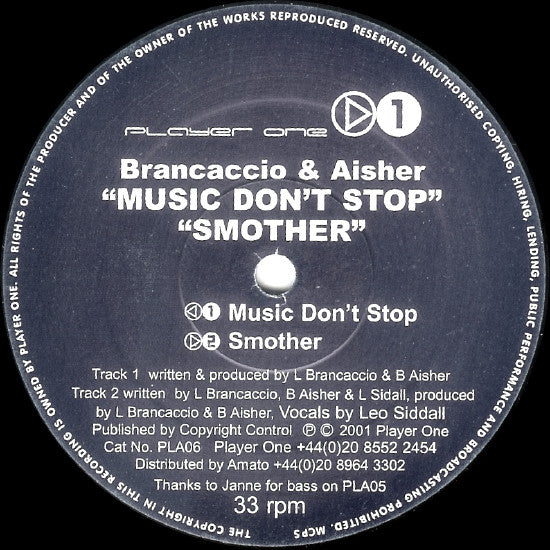 Brancaccio & Aisher Music Don't Stop Player One Records 12" Very Good Plus (VG+) Generic