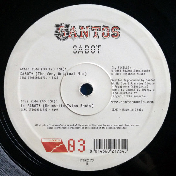 Santos - Sabot (VINYL) | Very Good Plus (VG+) Generic - BREAKS / USED *VERY GOOD+*