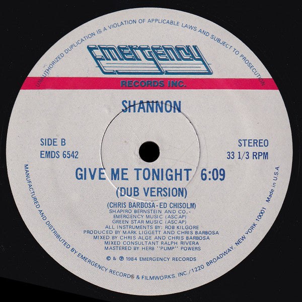 Shannon Give Me Tonight LP Very Good Plus (VG+) Excellent (EX)